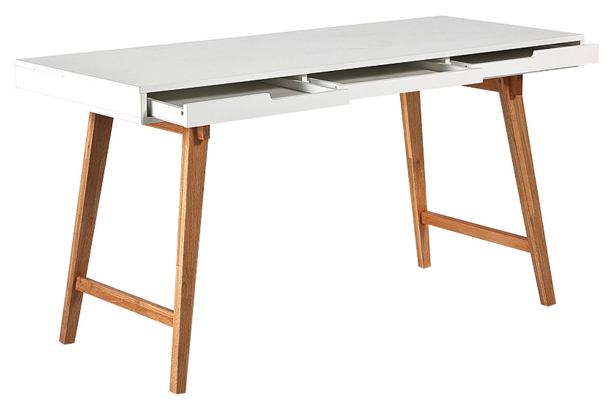 Bureau avec rangements 3 tiroirs scandinave blanc mat et bois clair massif L140 ESKA