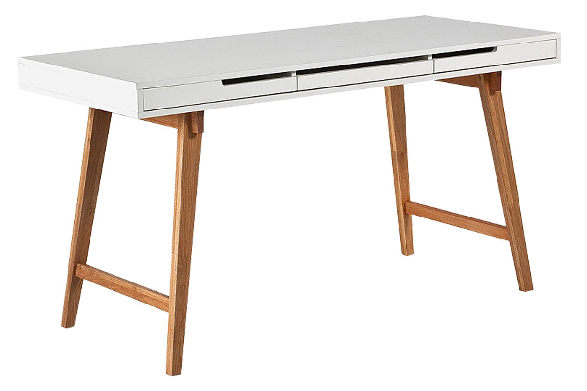 Bureau avec rangements 3 tiroirs scandinave blanc mat et bois clair massif L140 ESKA