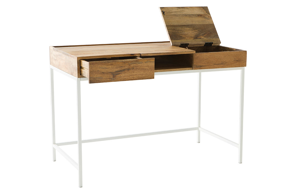 Bureau avec rangements bois clair manguier massif et mtal blanc L118 cm BOHO