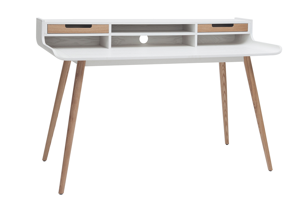 Bureau avec rangements scandinave blanc et bois clair L140 cm OPUS