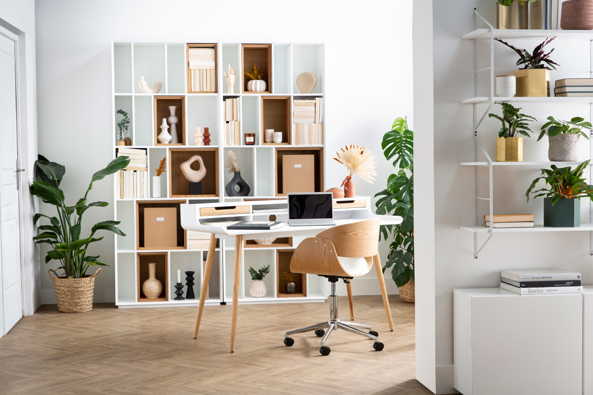 Bureau avec rangements scandinave blanc et bois clair L140 cm OPUS