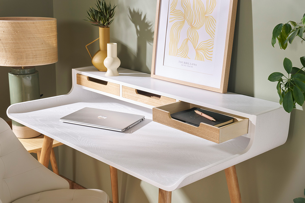 Bureau avec rangements scandinave bois clair et blanc L110 cm OPUS