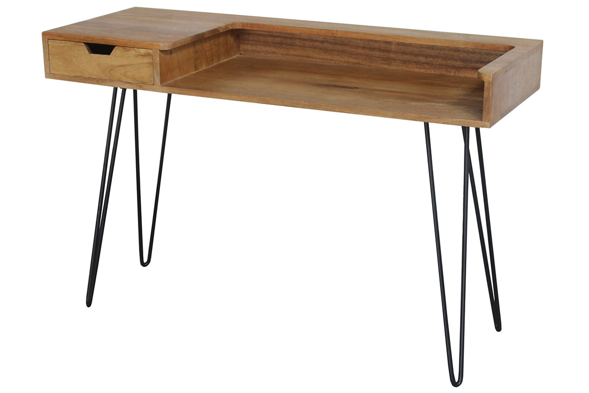 Bureau avec tiroir bois manguier massif et mtal noir L116 cm VIBES