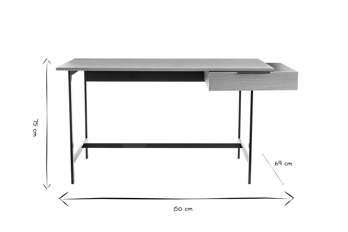 Bureau avec tiroir design bois clair chne et mtal noir L150 cm SILKA