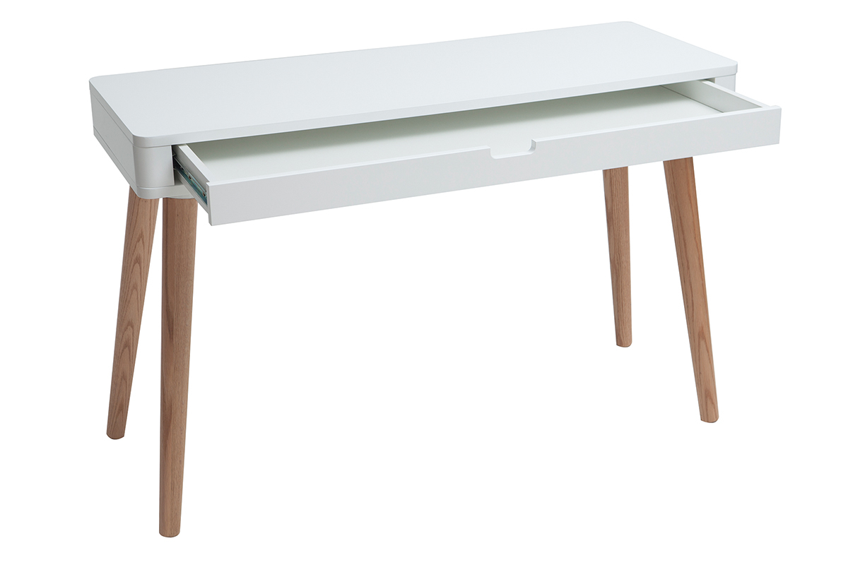 Bureau avec tiroir scandinave blanc et bois clair chne L115 cm TOTEM