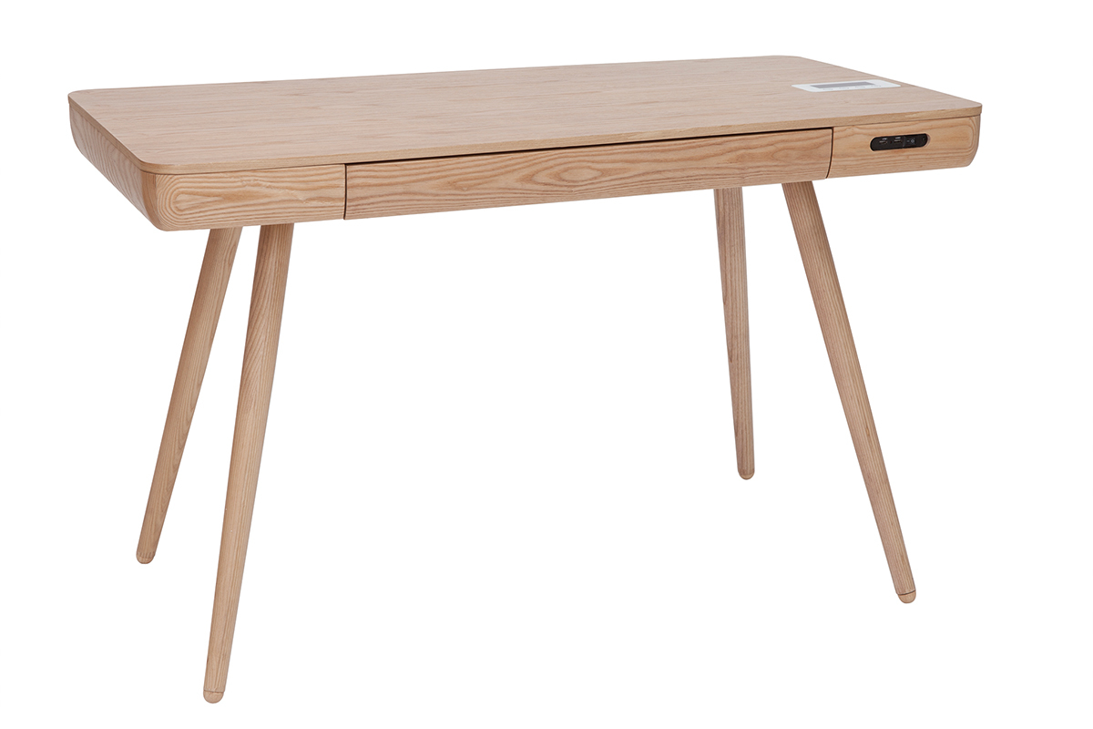 Bureau connect multimdia  avec tiroir bois clair massif L120 cm CLEVER