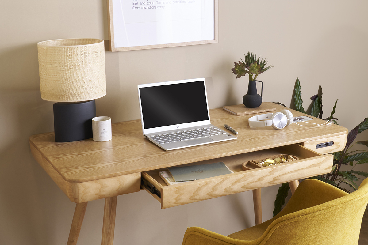 Bureau connect multimdia  avec tiroir bois clair massif L120 cm CLEVER