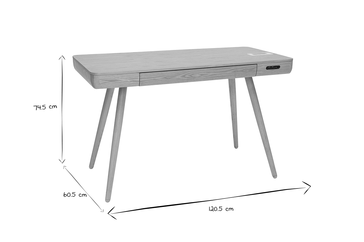 Bureau connect multimdia  avec tiroir bois clair massif L120 cm CLEVER