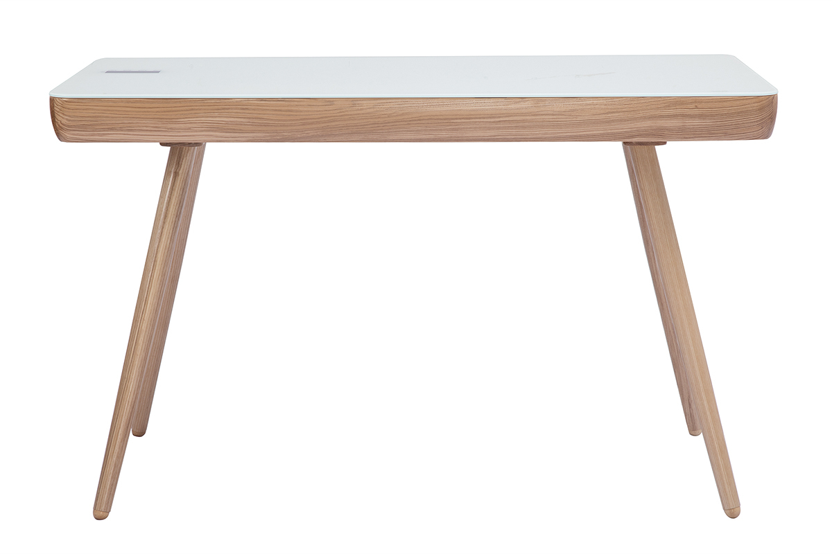 Bureau connect multimdia avec tiroir en verre et bois clair L120 cm CLEVER