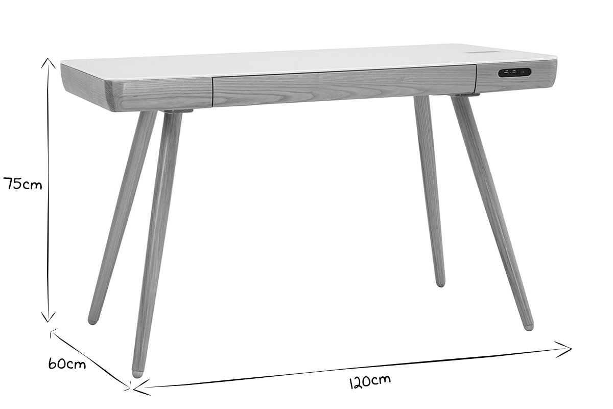 Bureau connect multimdia avec tiroir en verre et bois clair L120 cm CLEVER