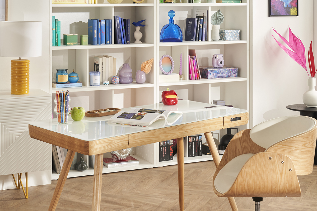 Bureau connect multimdia avec tiroir en verre et bois clair L120 cm CLEVER