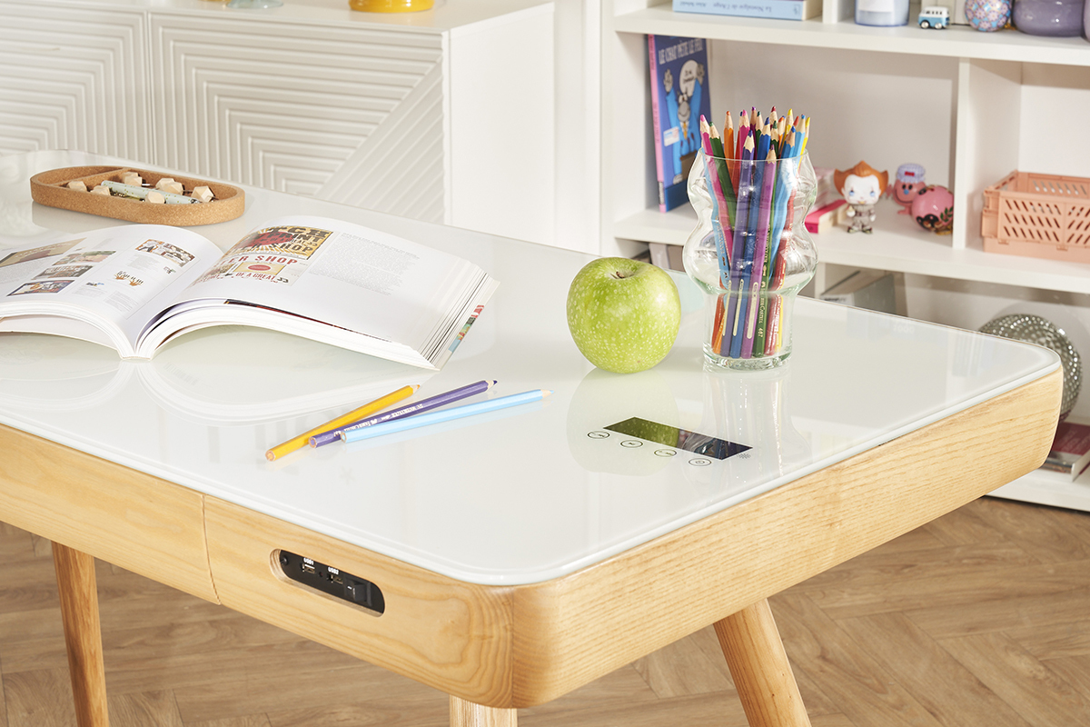 Bureau connect multimdia avec tiroir en verre et bois clair L120 cm CLEVER