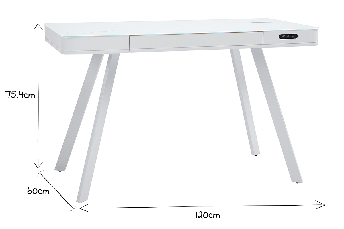 Bureau connect multimdia avec tiroir en verre et mtal blanc L120 cm CLEVER