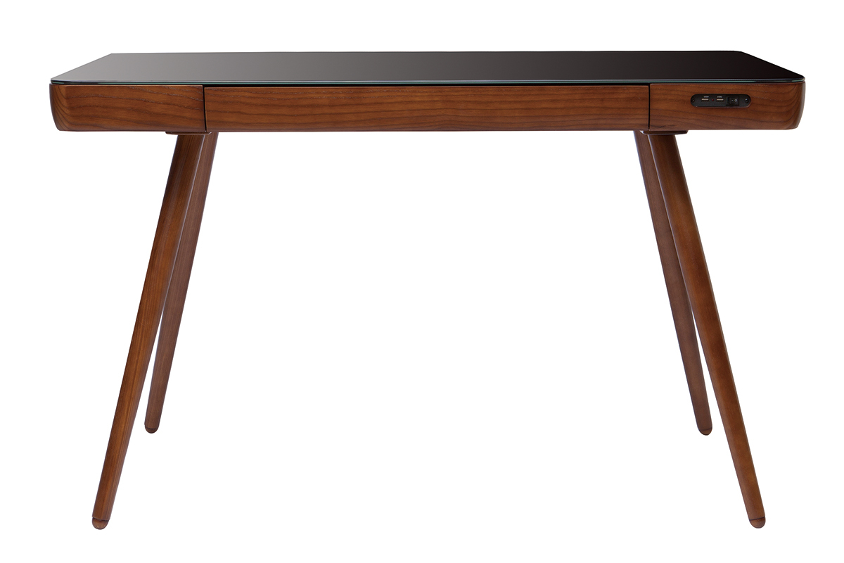 Bureau connect multimdia avec tiroir en verre noir et bois fonc noyer L120 cm CLEVER