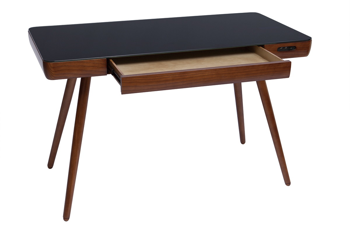 Bureau connect multimdia avec tiroir en verre noir et bois fonc noyer L120 cm CLEVER