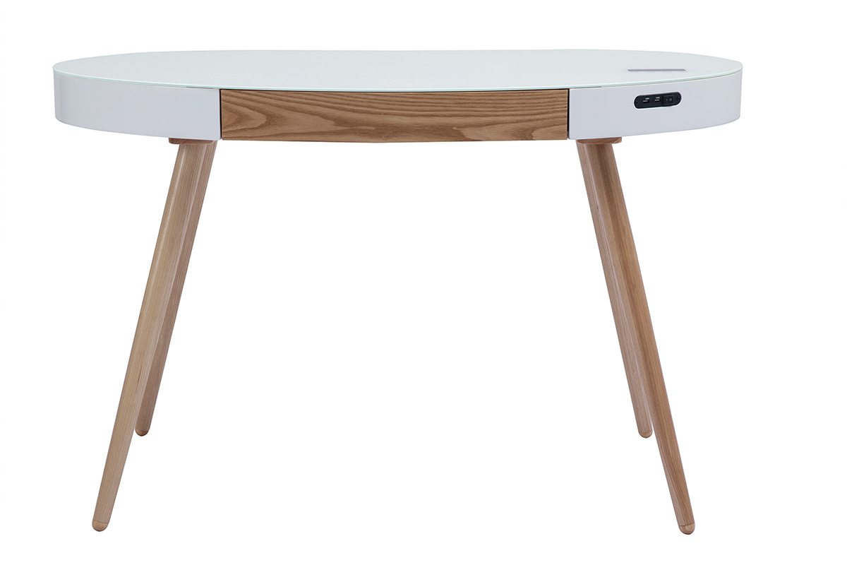 Bureau connect multimdia verre blanc et bois clair L120 cm HANDY