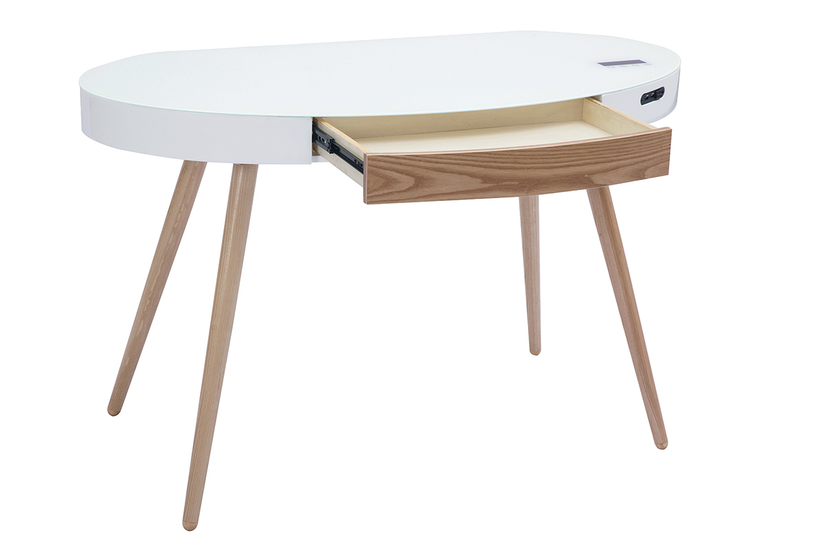 Bureau connect multimdia verre blanc et bois clair L120 cm HANDY