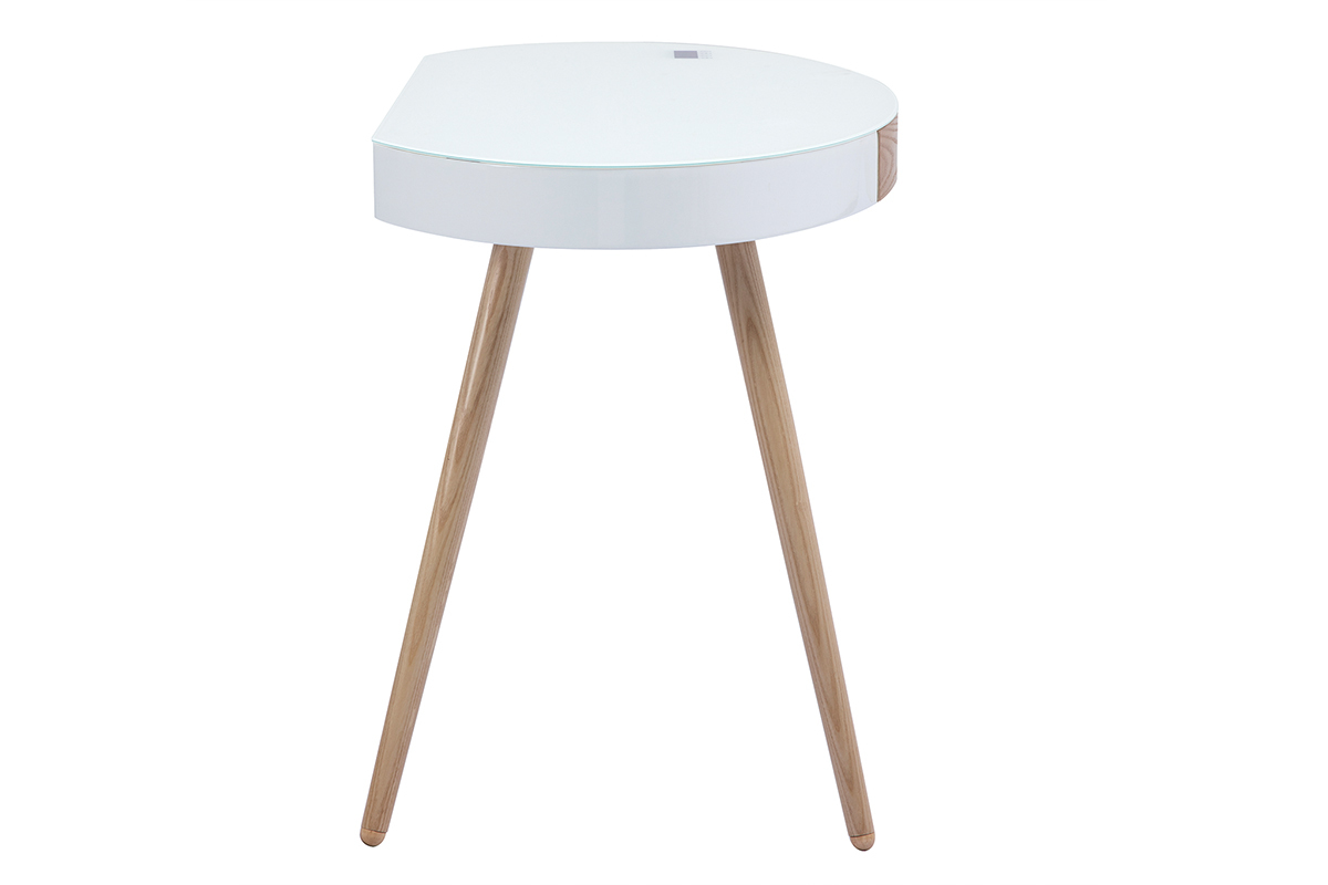 Bureau connect multimdia verre blanc et bois clair L120 cm HANDY