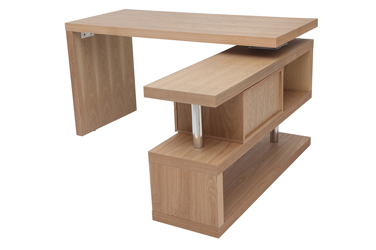 Bureau modulable design avec rangements 2 tiroirs bois clair L140-218 cm MAX