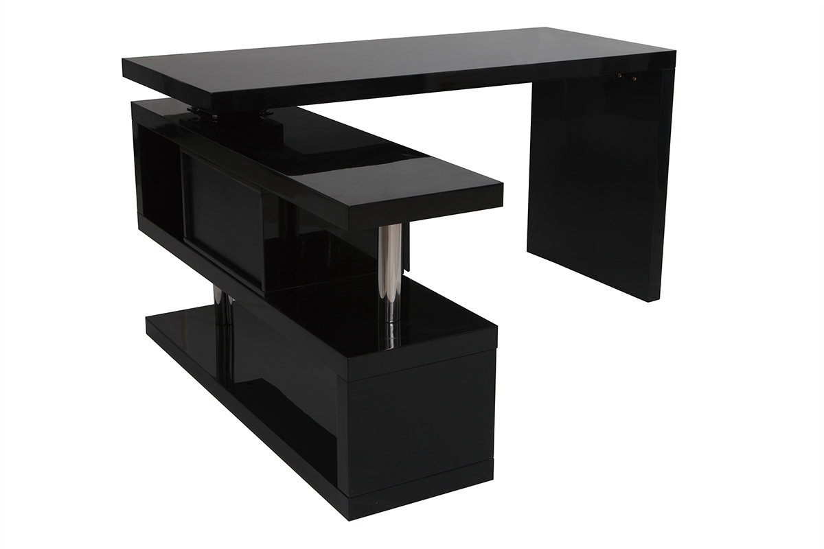 Bureau modulable design avec rangements 2 tiroirs noir laqu L140-218 cm MAX