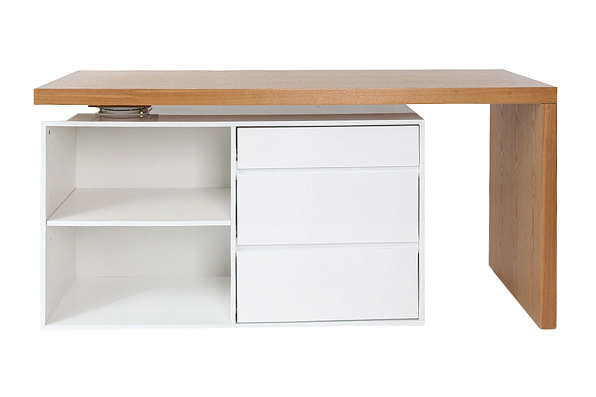 Bureau modulable design blanc brillant et bois clair frne L160-235 cm NEW MAX