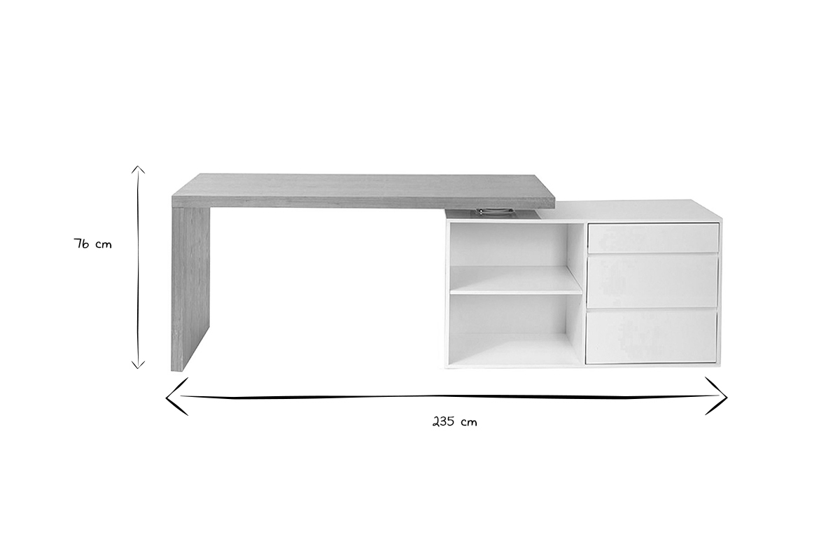 Bureau modulable design blanc brillant et bois clair frne L160-235 cm NEW MAX