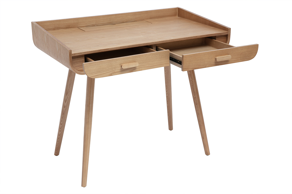 Bureau scandinave bois clair avec rangements 2 tiroirs L100 cm HALLEN