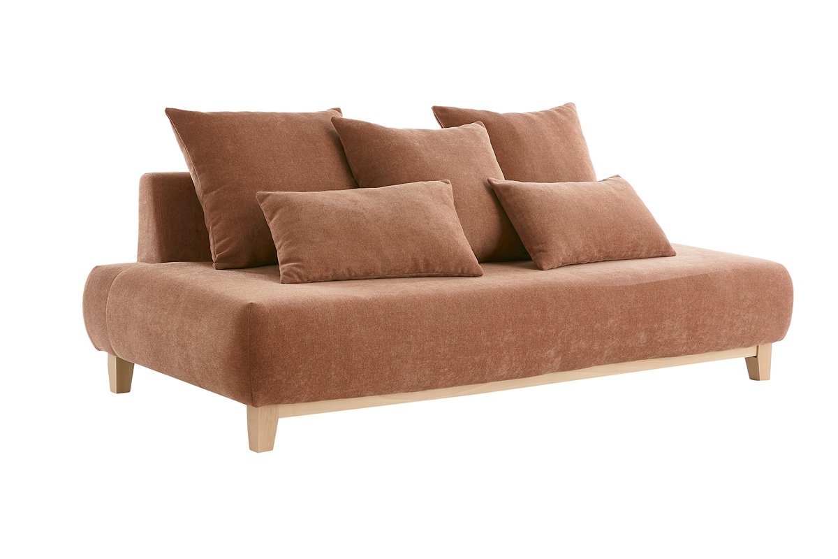 Canap 3 places en tissu effet velours textur terracotta et bois clair L200 cm ODEON