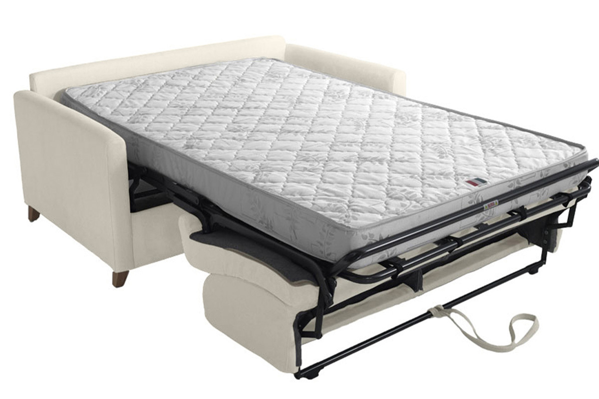 Canap convertible 2-3 places en tissu beige et bois clair avec matelas 13 cm SKANDY