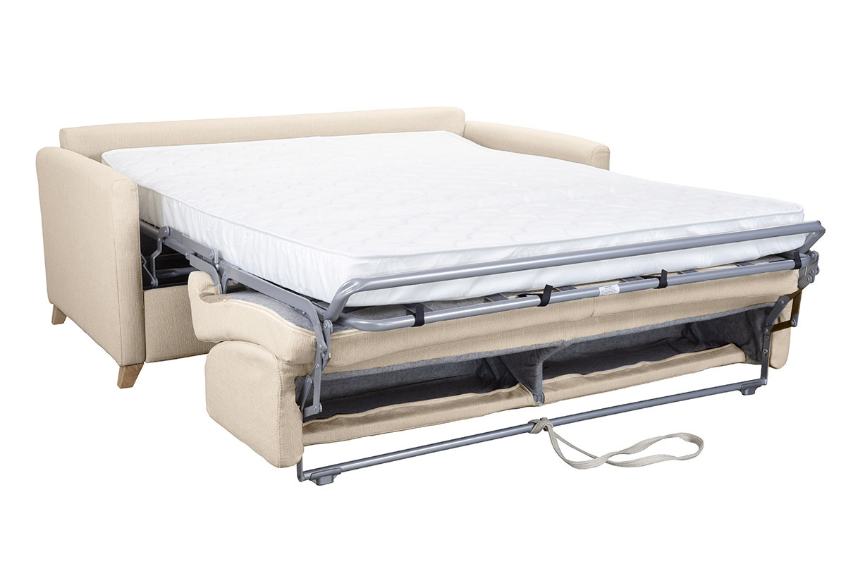 Canap convertible 3 places en tissu beige et bois clair avec matelas 12 cm SKANDY