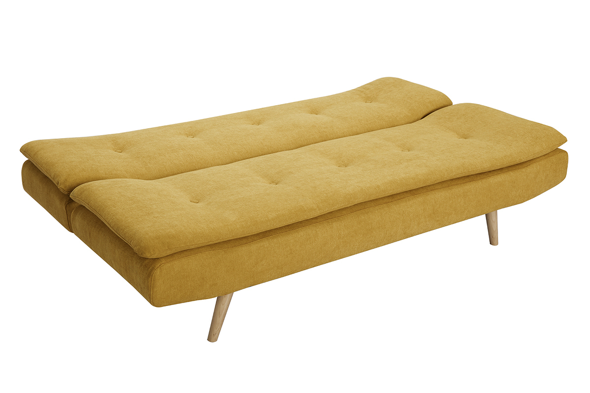 Canap convertible 3 places en tissu effet velours jaune moutarde et bois clair SENSO