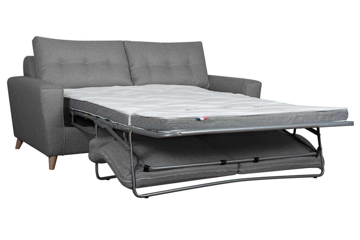 Canap convertible 3 places en tissu gris chin et bois clair avec matelas 9 cm BEAUBOURG