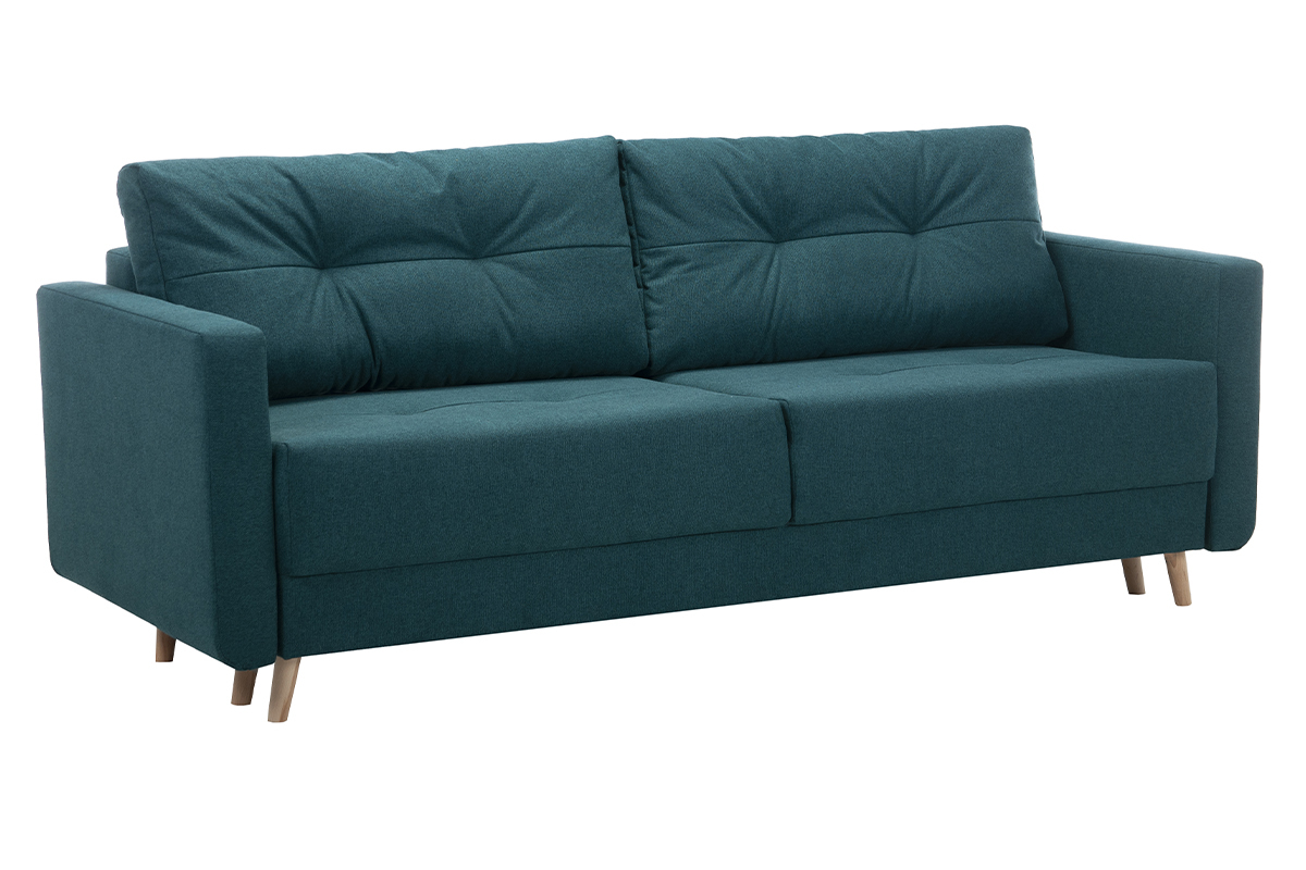 Canap convertible avec coffre 3 places en tissu bleu paon et bois clair MIRA