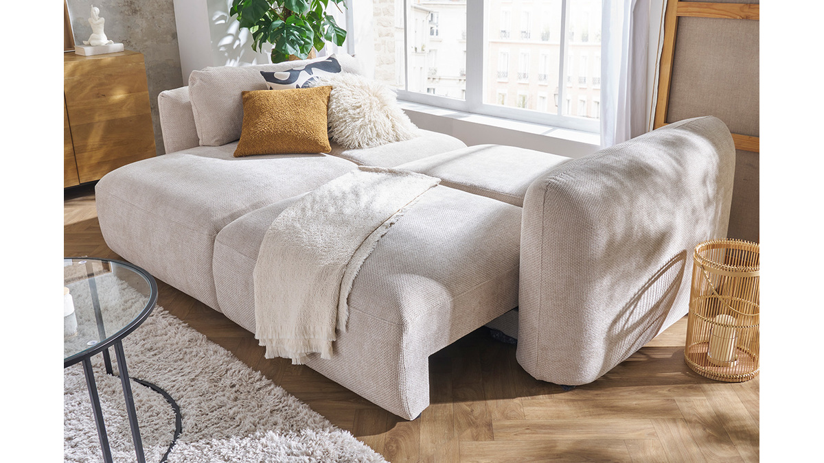 Canap convertible avec coffre 4 places en tissu velours chenille beige CRUSH