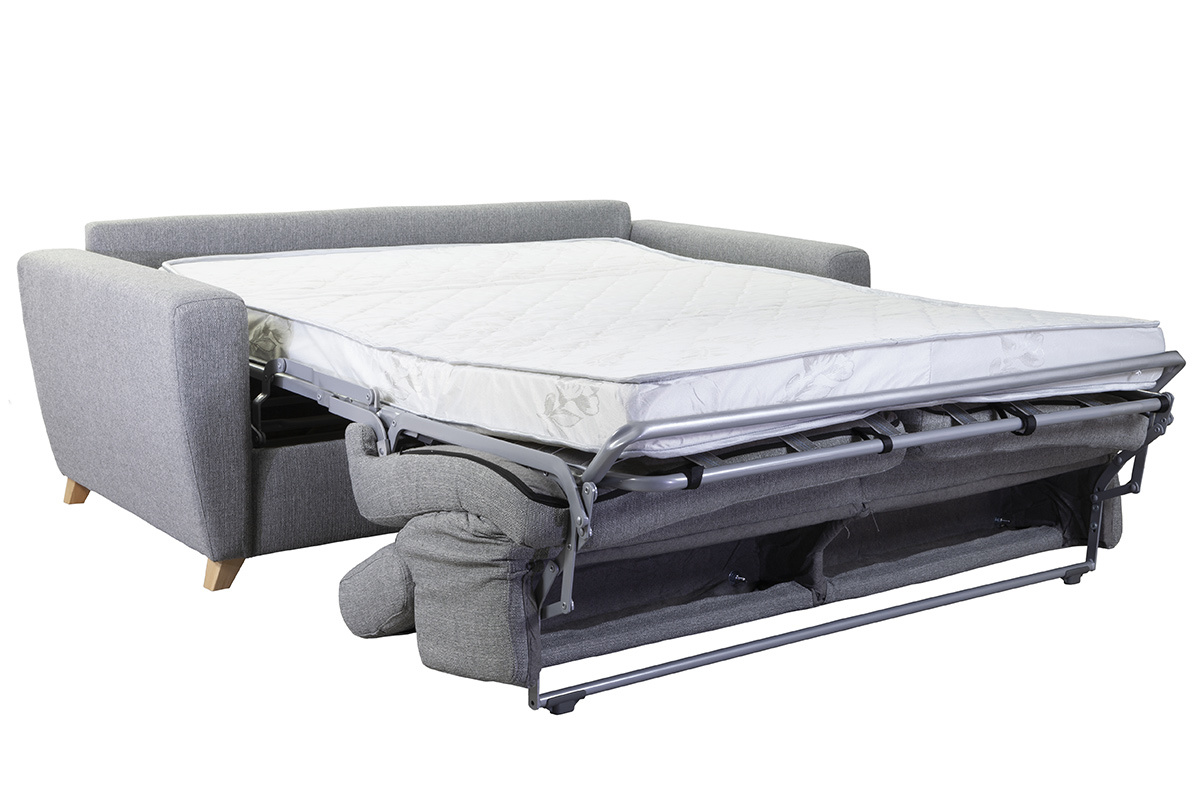 Canap convertible avec ttires ajustables 3 places en tissu gris et bois clair avec matelas 13 cm GOYA