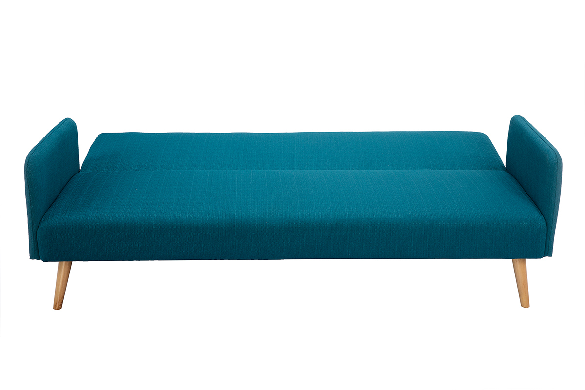 Canap convertible scandinave 3 places en tissu bleu canard et bois clair LULA