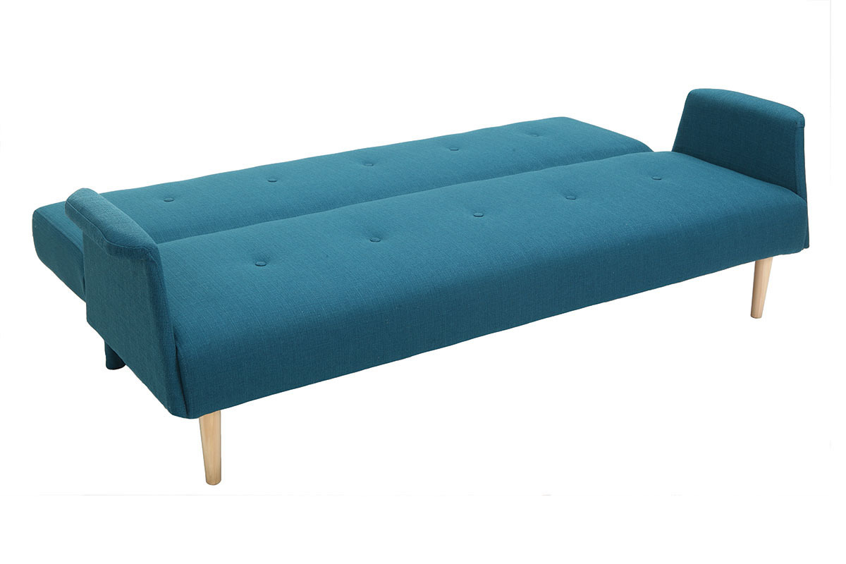 Canap convertible scandinave 3 places en tissu bleu canard et bois clair OSCAR