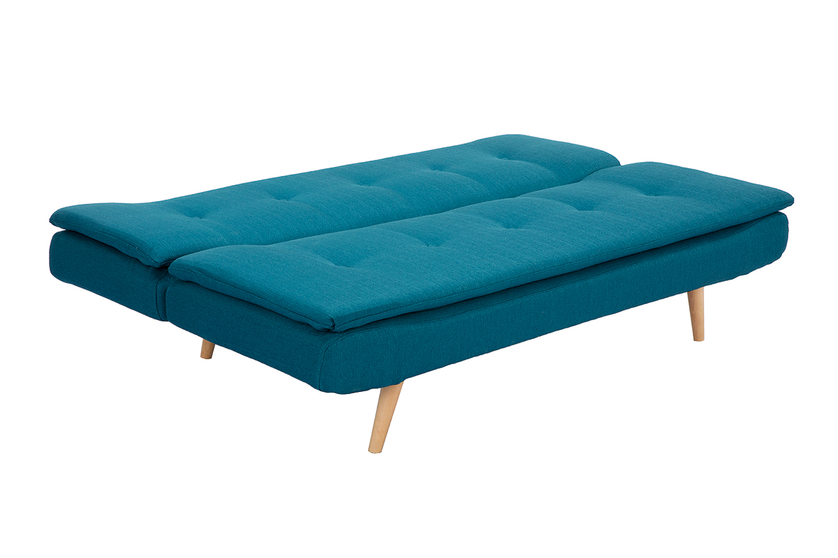 Canap convertible scandinave 3 places en tissu bleu canard et bois clair SENSO