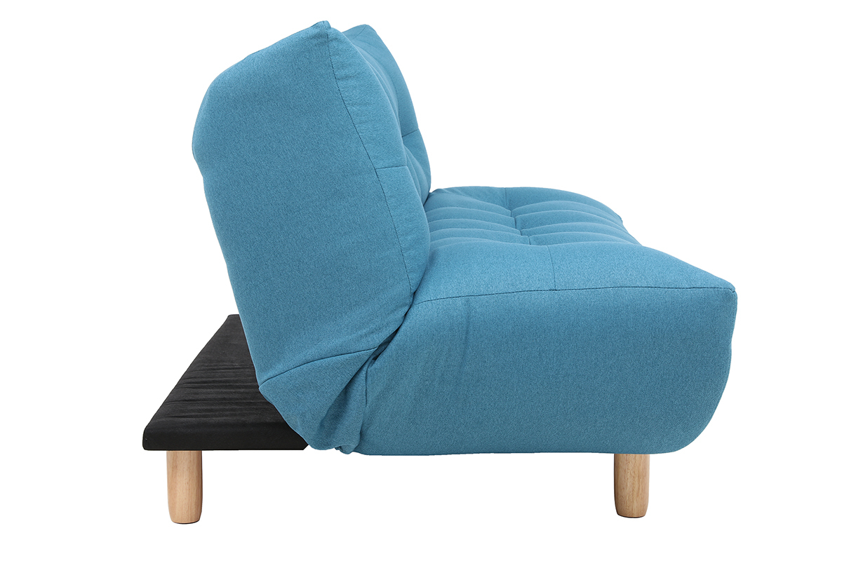 Canap convertible scandinave 3 places en tissu bleu canard et bois clair YUMI