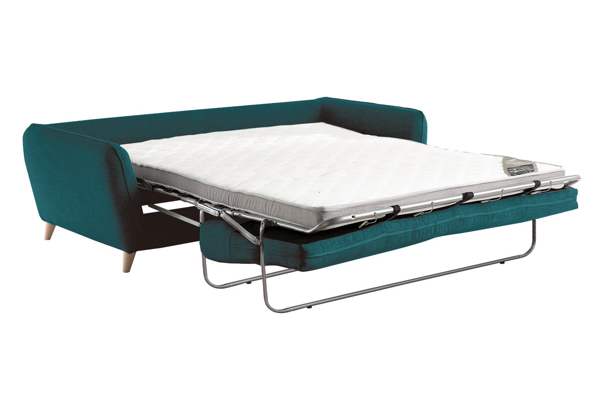 Canap convertible scandinave 3 places en tissu bleu paon et bois clair avec matelas 10 cm CREEP