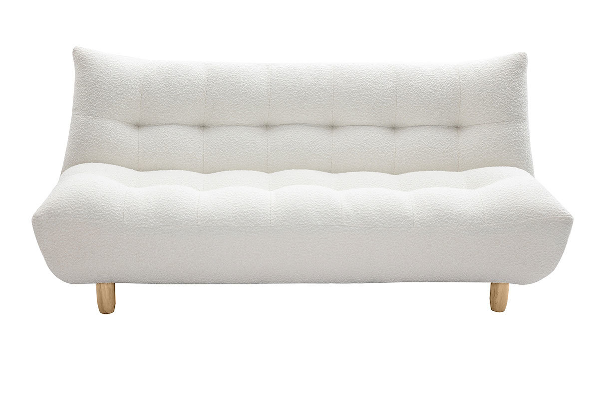 Canap convertible scandinave 3 places en tissu effet laine boucle blanc et bois clair YUMI