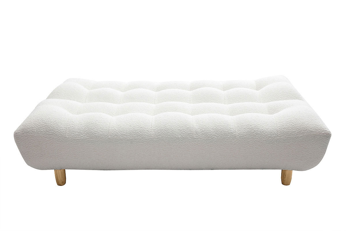 Canap convertible scandinave 3 places en tissu effet laine boucle blanc et bois clair YUMI