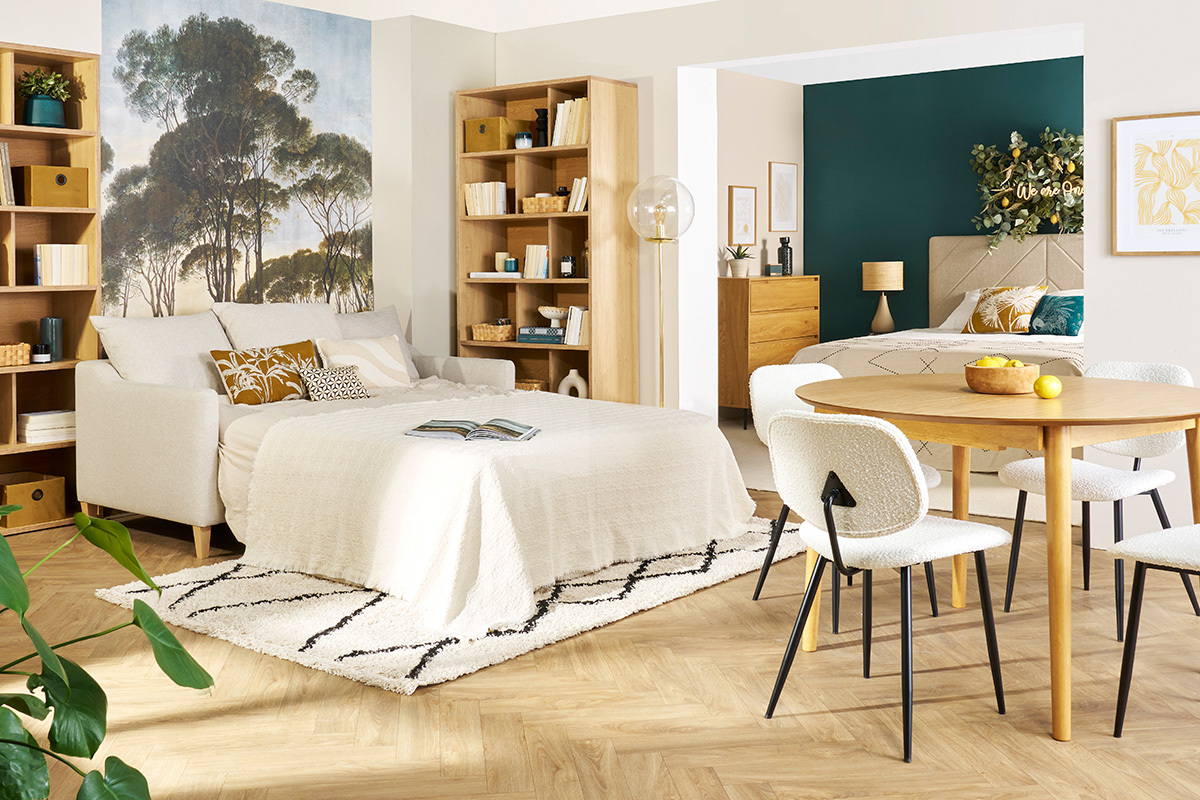 Canap convertible scandinave 3 places en tissu effet velours beige et bois clair LOUISE