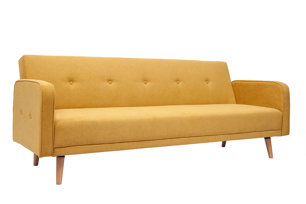 Canap convertible scandinave 3 places en tissu effet velours jaune moutarde et bois clair ULLA