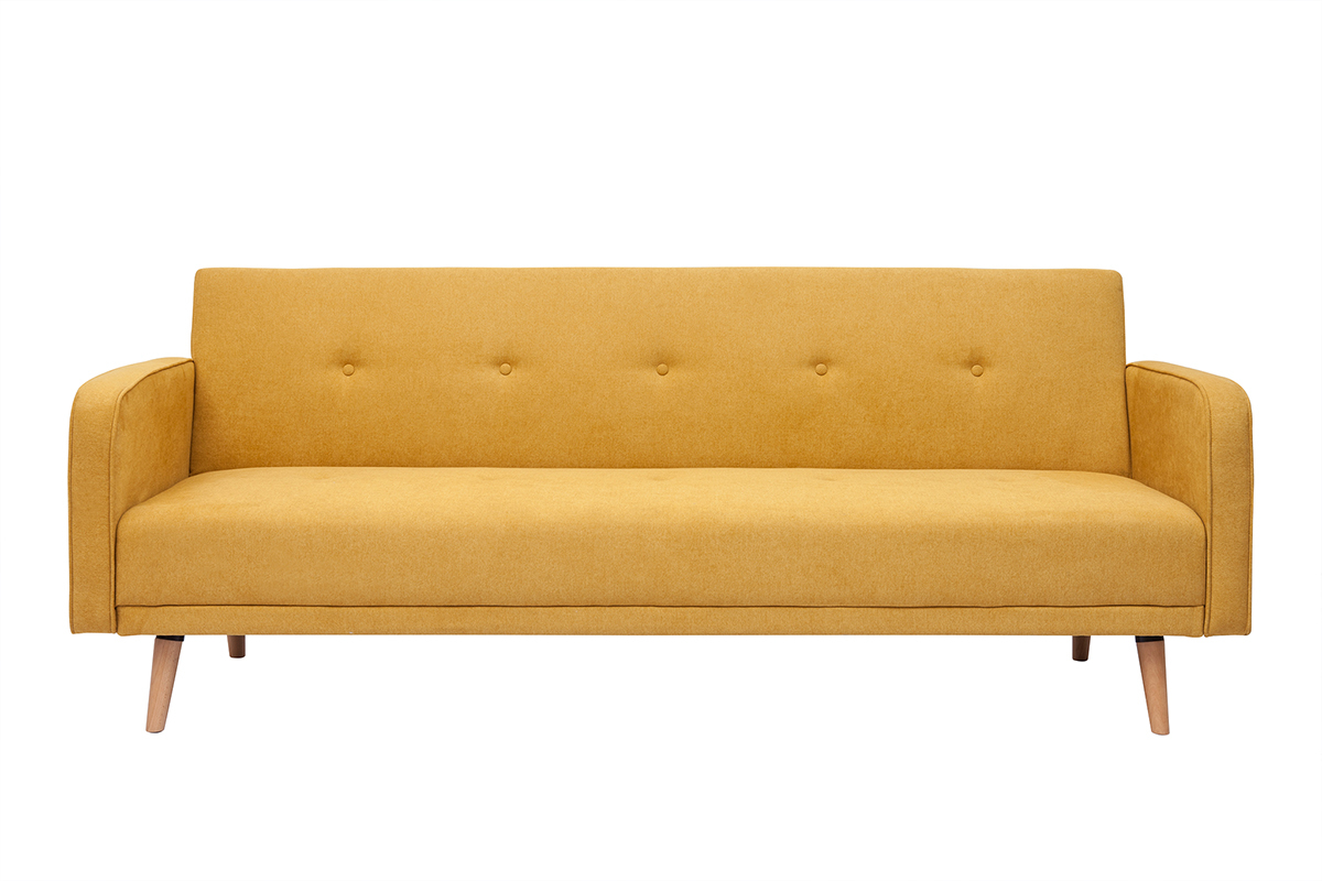 Canap convertible scandinave 3 places en tissu effet velours jaune moutarde et bois clair ULLA