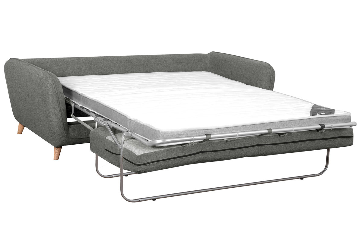 Canap convertible scandinave 3 places en tissu gris anthracite et bois clair avec matelas 10 cm CREEP