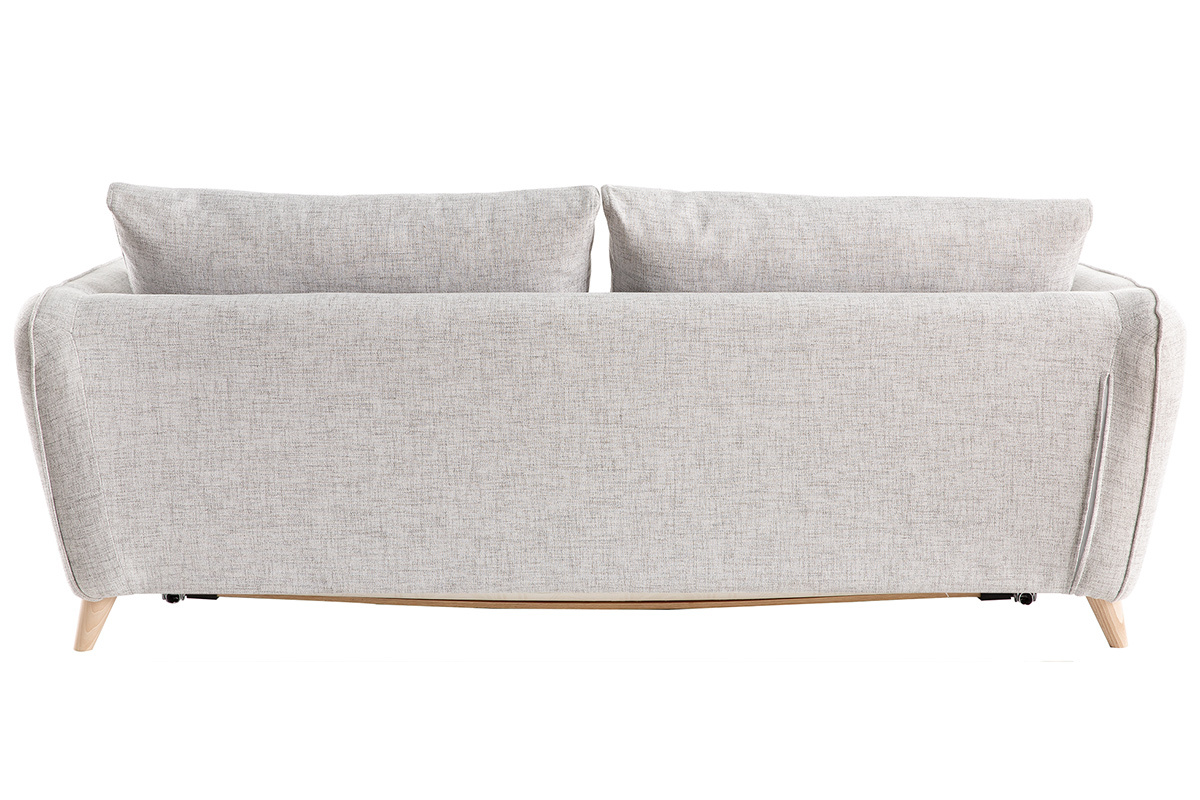 Canap convertible scandinave 3 places en tissu gris clair chin et bois clair avec matelas 10 cm CREEP