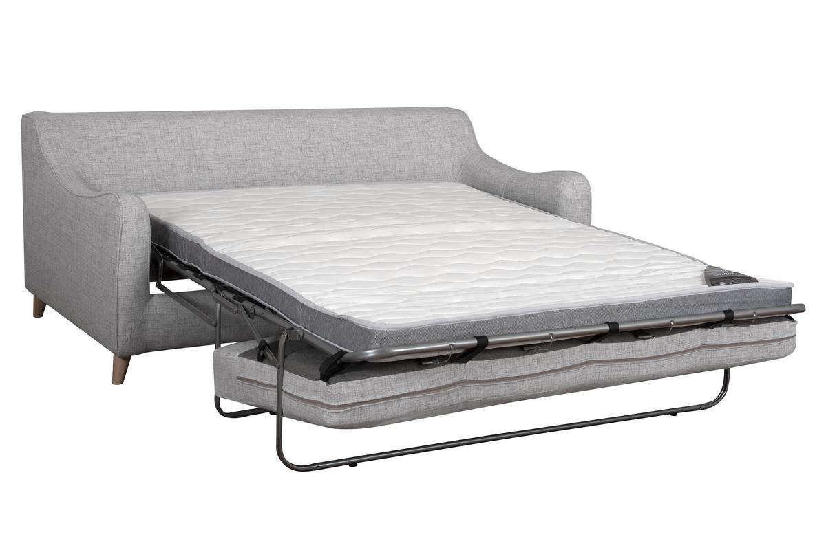 Canap convertible scandinave 3 places en tissu gris clair et bois clair avec matelas 10 cm VENDOME