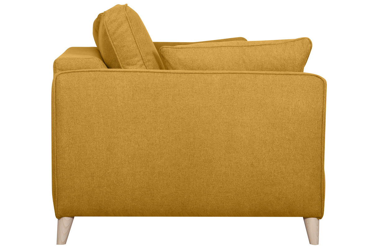 Canap convertible scandinave 3 places en tissu jaune cumin et bois clair avec matelas 10 cm PAPEL