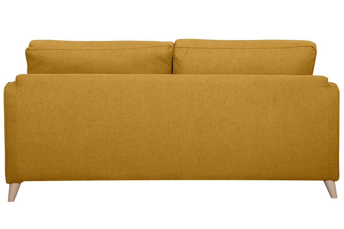 Canap convertible scandinave 3 places en tissu jaune cumin et bois clair avec matelas 10 cm PAPEL